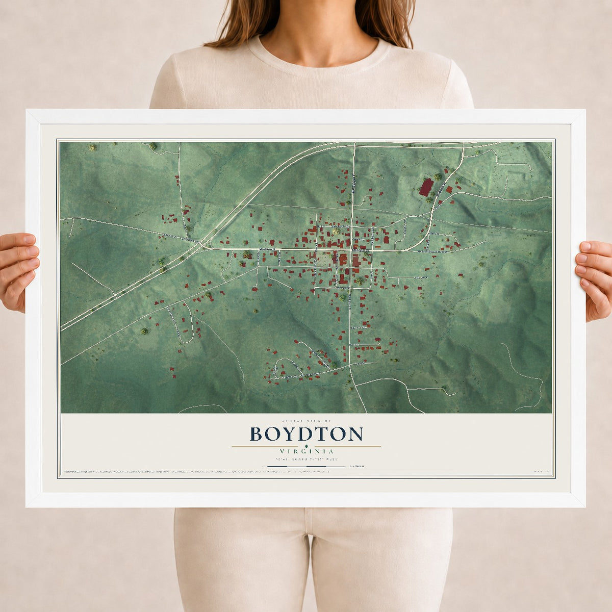 Map of Boydton, Virginia, 18 x 24 inch print in a white wood frame