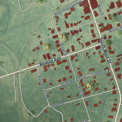 Close-up of the map of Boykins, Virginia print showing street and building detail