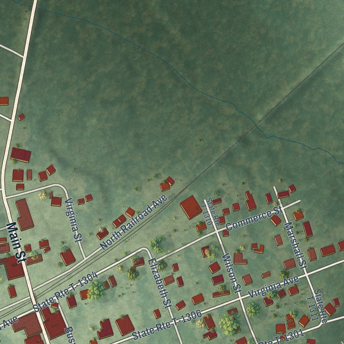 Second close-up of the map of Boykins, Virginia print showing more streets and buildings