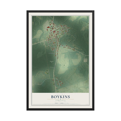 Map of Boykins, Virginia, 12 x 18 inch print in a black wood frame