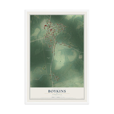Map of Boykins, Virginia, 12 x 18 inch print in a white wood frame