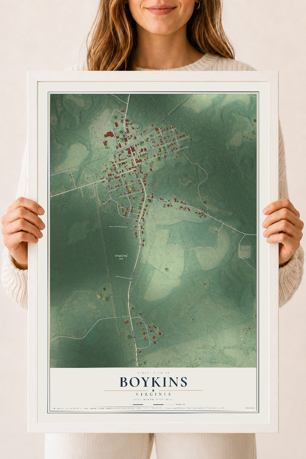 Map of Boykins, Virginia, 18 x 24 inch print in a white wood frame