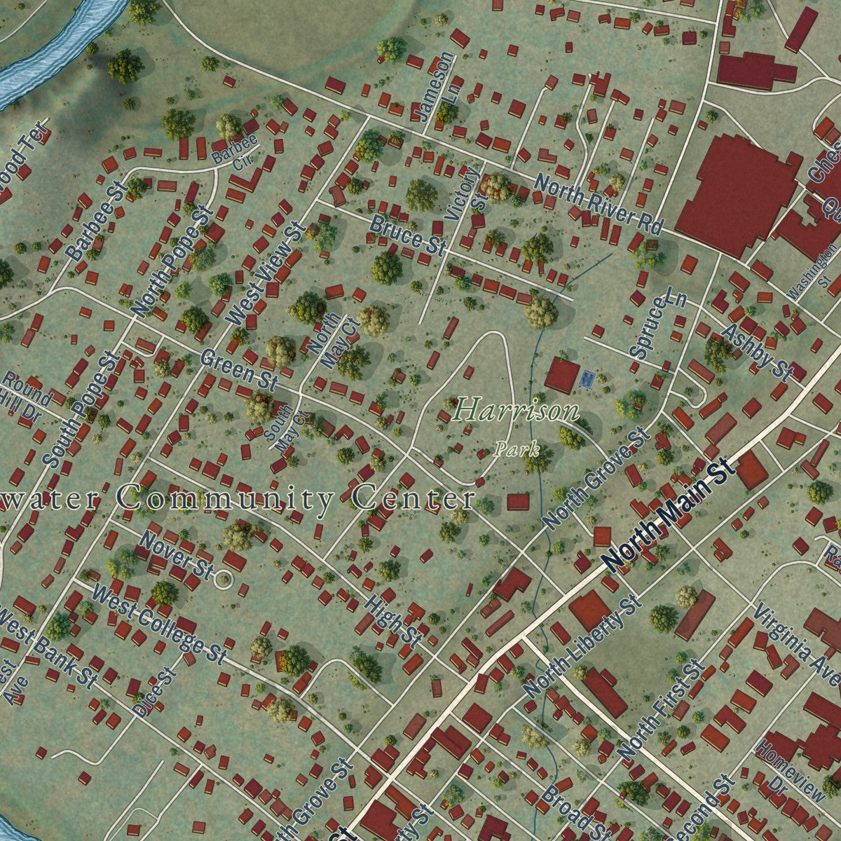 Close-up of the map of Bridgewater, Virginia print showing street and building detail