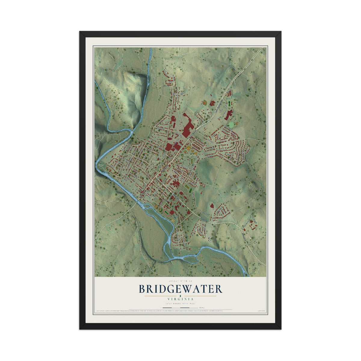 Map of Bridgewater, Virginia, 12 x 18 inch print in a black wood frame