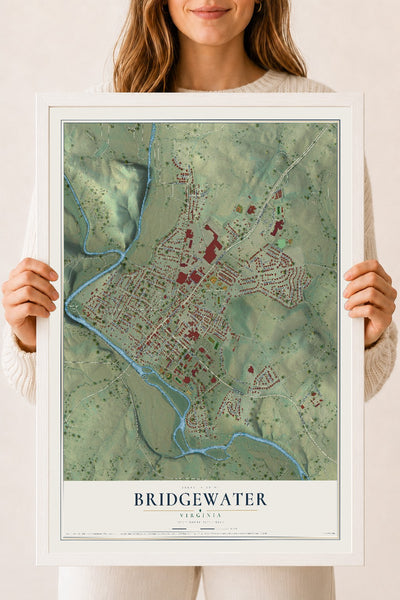 Map of Bridgewater, Virginia, 18 x 24 inch print in a white wood frame