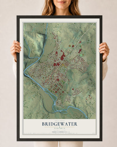 Map of Bridgewater, Virginia, 24 x 36 inch print in a black wood frame