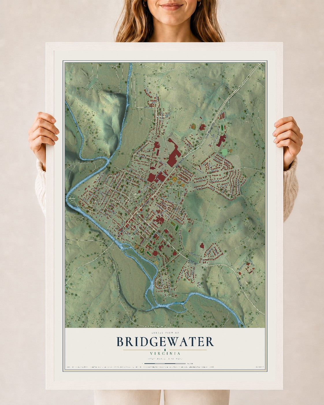 Map of Bridgewater, Virginia, 24 x 36 inch print in a white wood frame