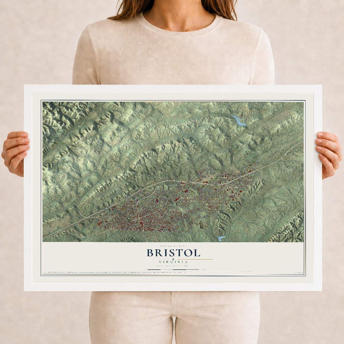 Map of Bristol, Virginia, 12 x 18 inch print in a white wood frame