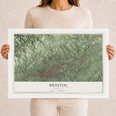 Map of Bristol, Virginia, 12 x 18 inch print in a white wood frame