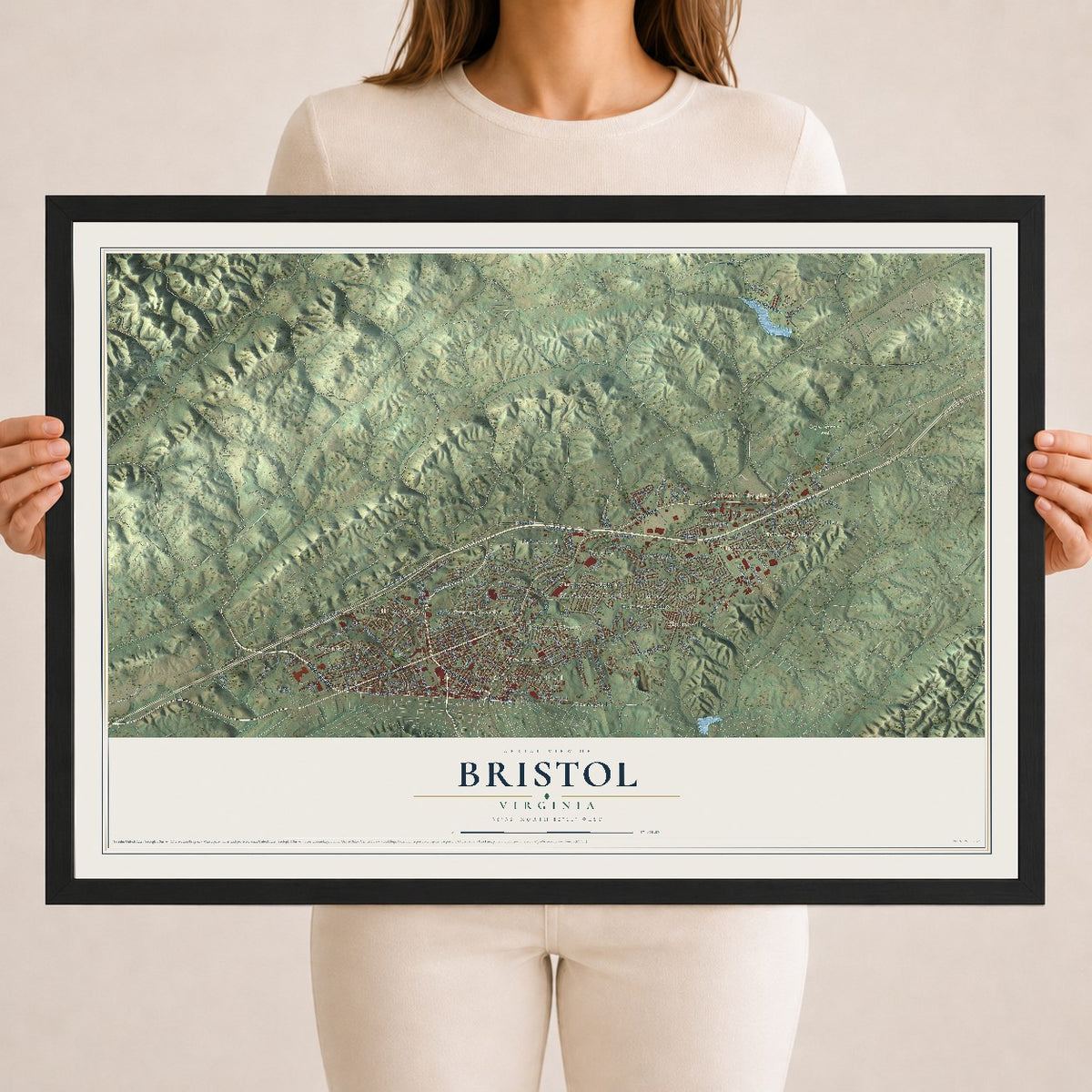 Map of Bristol, Virginia, 18 x 24 inch print in a black wood frame