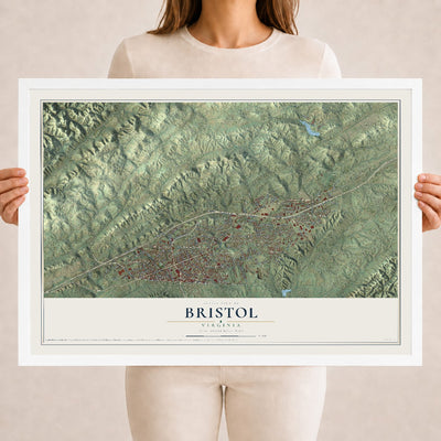 Map of Bristol, Virginia, 18 x 24 inch print in a white wood frame
