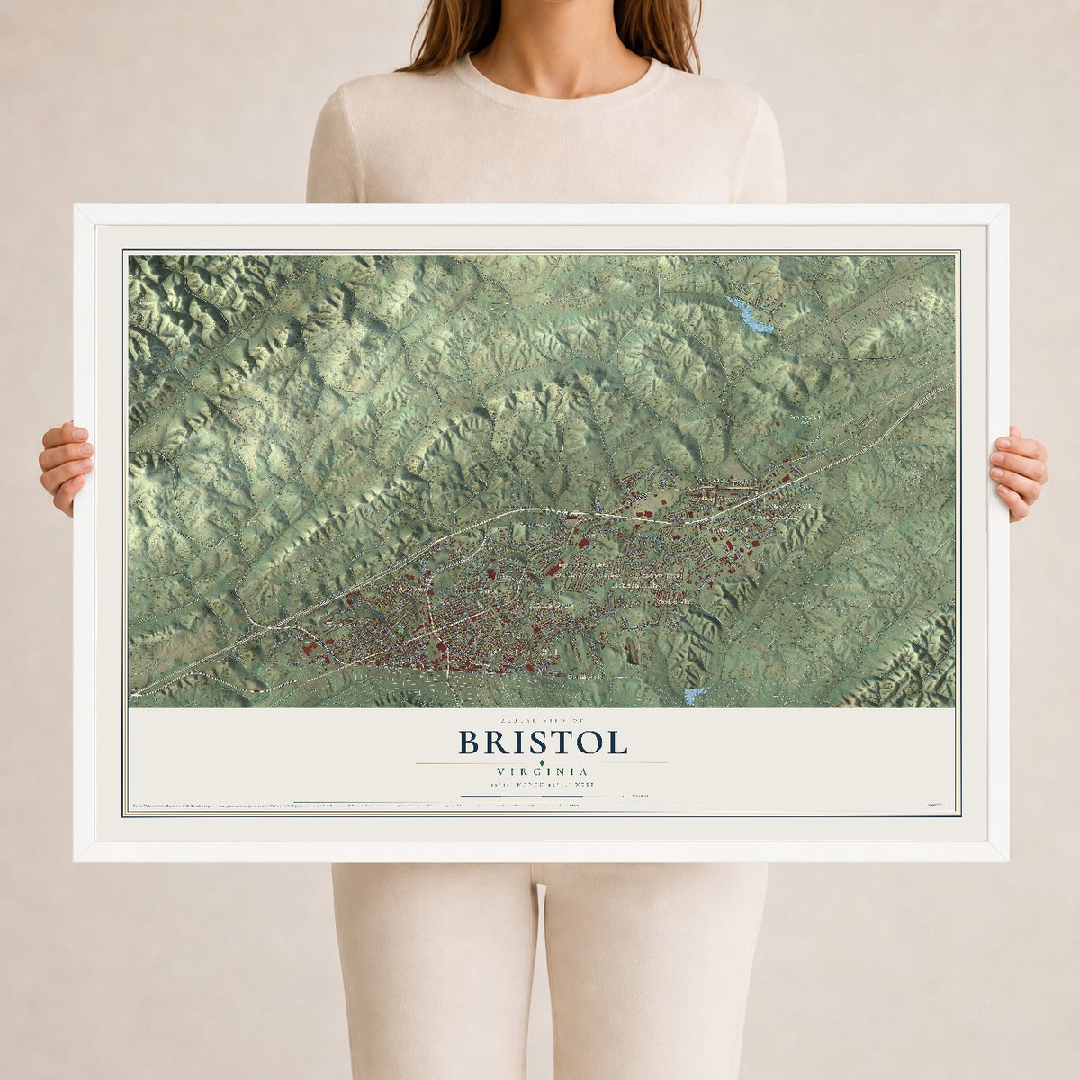 Map of Bristol, Virginia, 24 x 36 inch print in a white wood frame