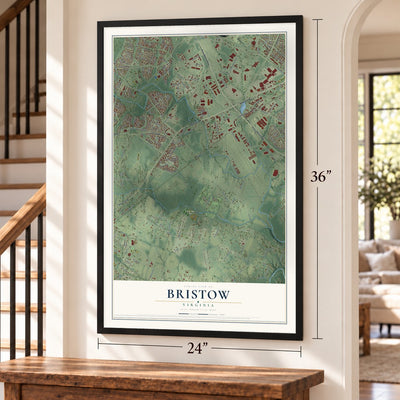 Bristow, Virginia map, 24 x 36 inch print in a black frame by a staircase