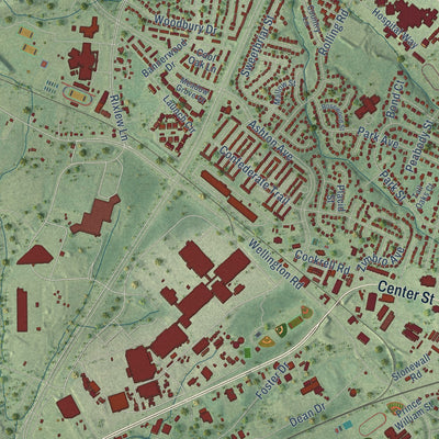 Close-up of the map of Bristow, Virginia print showing street and building detail