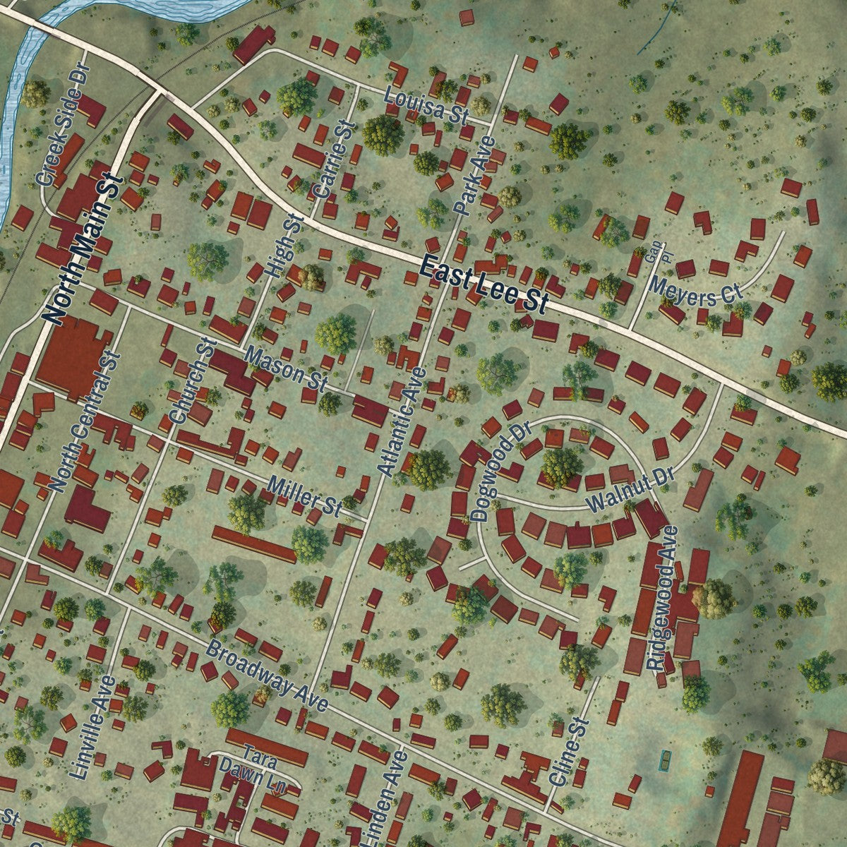 Close-up of the map of Broadway, Virginia print showing street and building detail