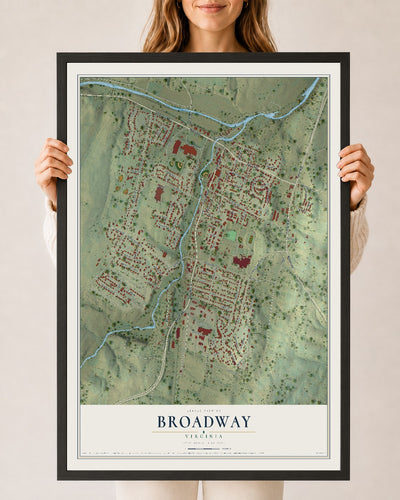 Map of Broadway, Virginia, 24 x 36 inch print in a black wood frame