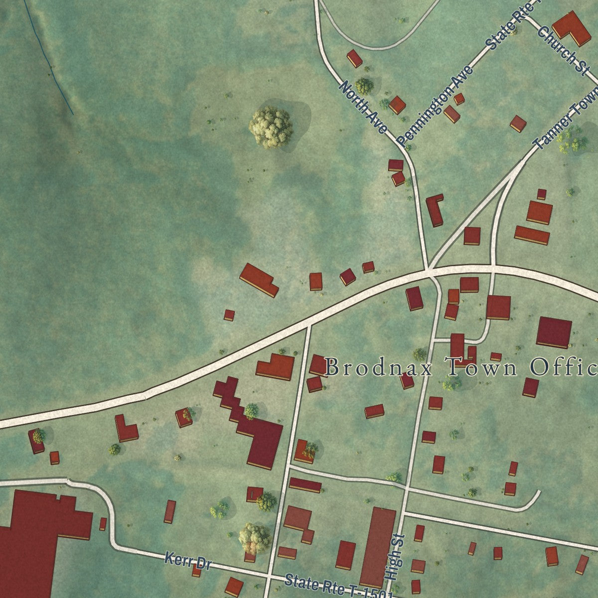 Close-up of the map of Brodnax, Virginia print showing street and building detail