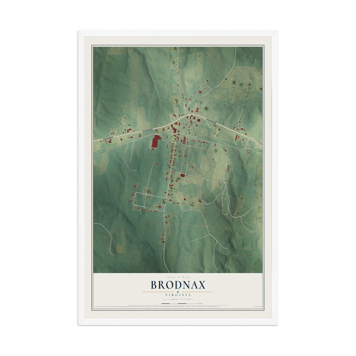Map of Brodnax, Virginia, 12 x 18 inch print in a white wood frame
