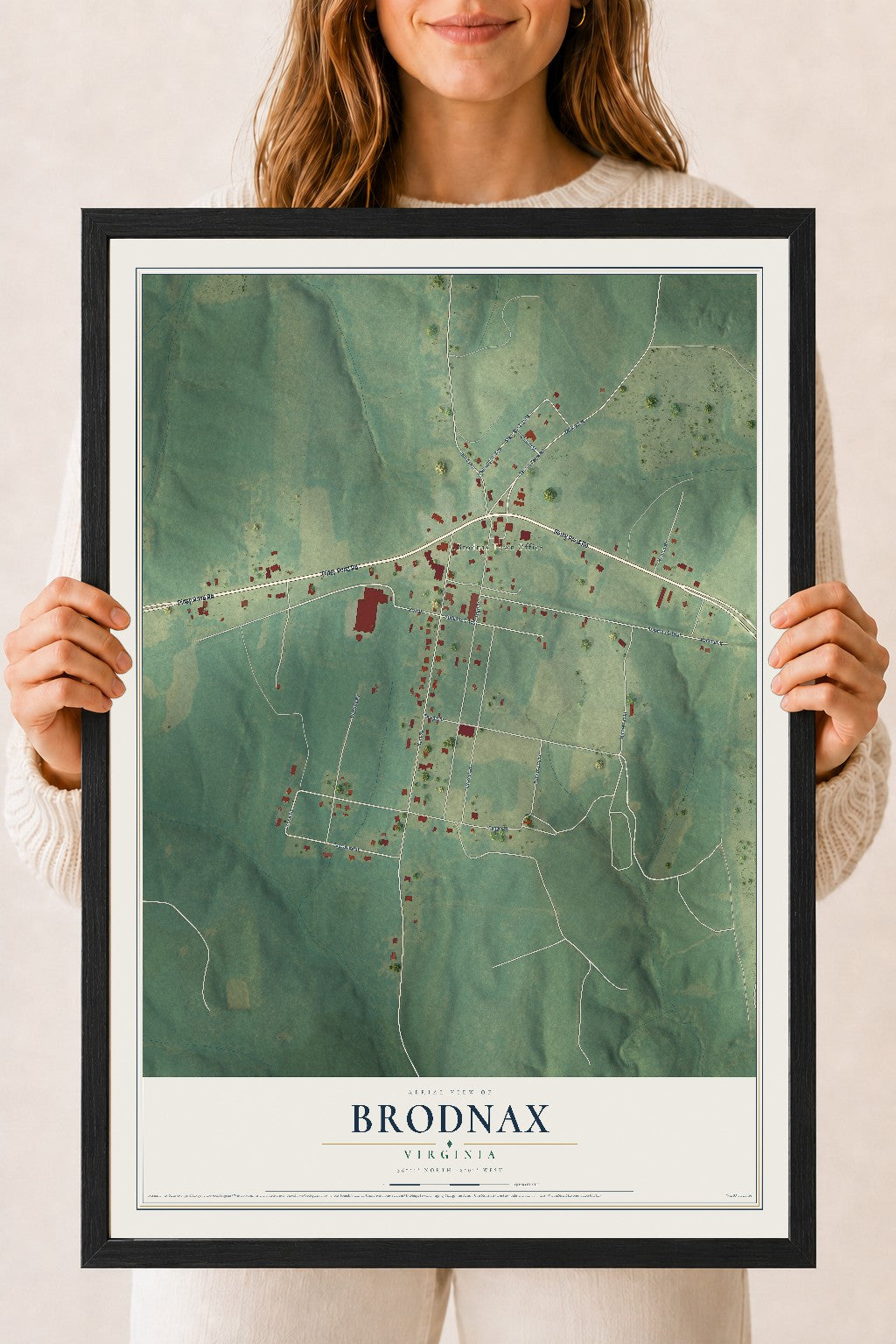 Map of Brodnax, Virginia, 18 x 24 inch print in a black wood frame