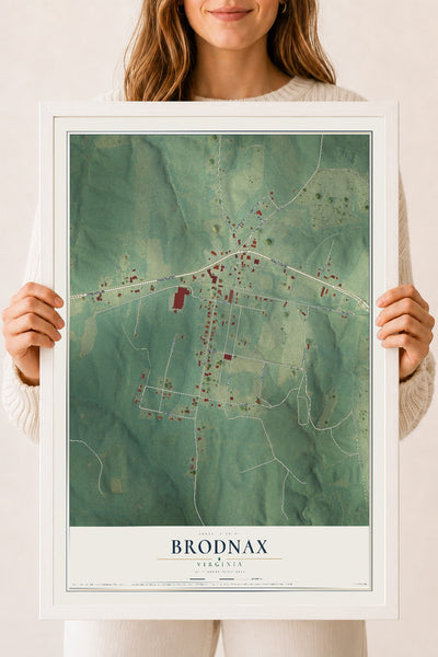 Map of Brodnax, Virginia, 18 x 24 inch print in a white wood frame