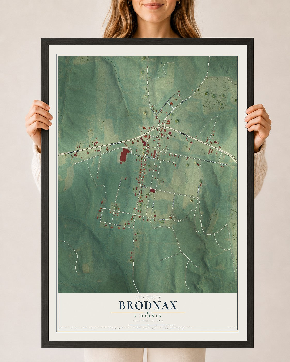 Map of Brodnax, Virginia, 24 x 36 inch print in a black wood frame