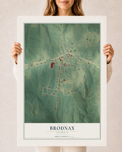 Map of Brodnax, Virginia, 24 x 36 inch print in a white wood frame