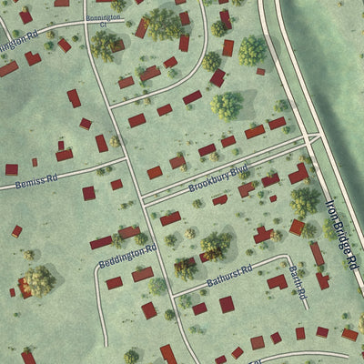 Close-up of the map of Brookbury, Virginia print showing street and building detail