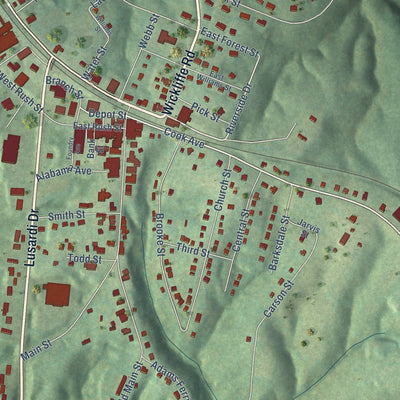 Close-up of the map of Brookneal, Virginia print showing street and building detail