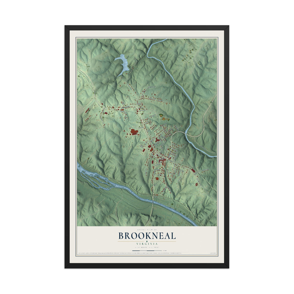 Map of Brookneal, Virginia, 12 x 18 inch print in a black wood frame