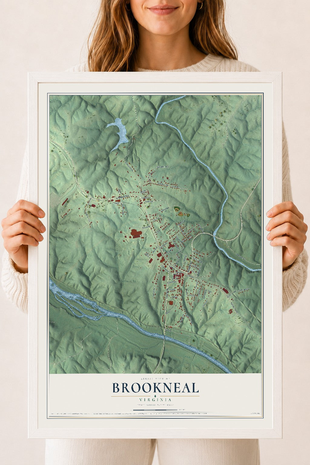 Map of Brookneal, Virginia, 18 x 24 inch print in a white wood frame