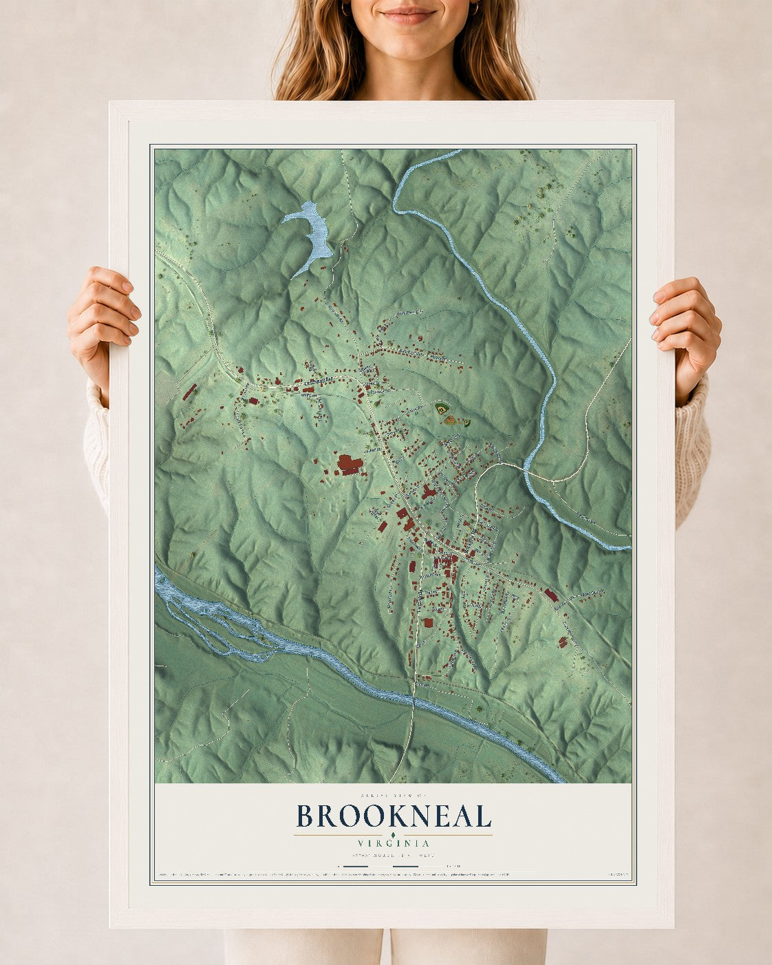 Map of Brookneal, Virginia, 24 x 36 inch print in a white wood frame