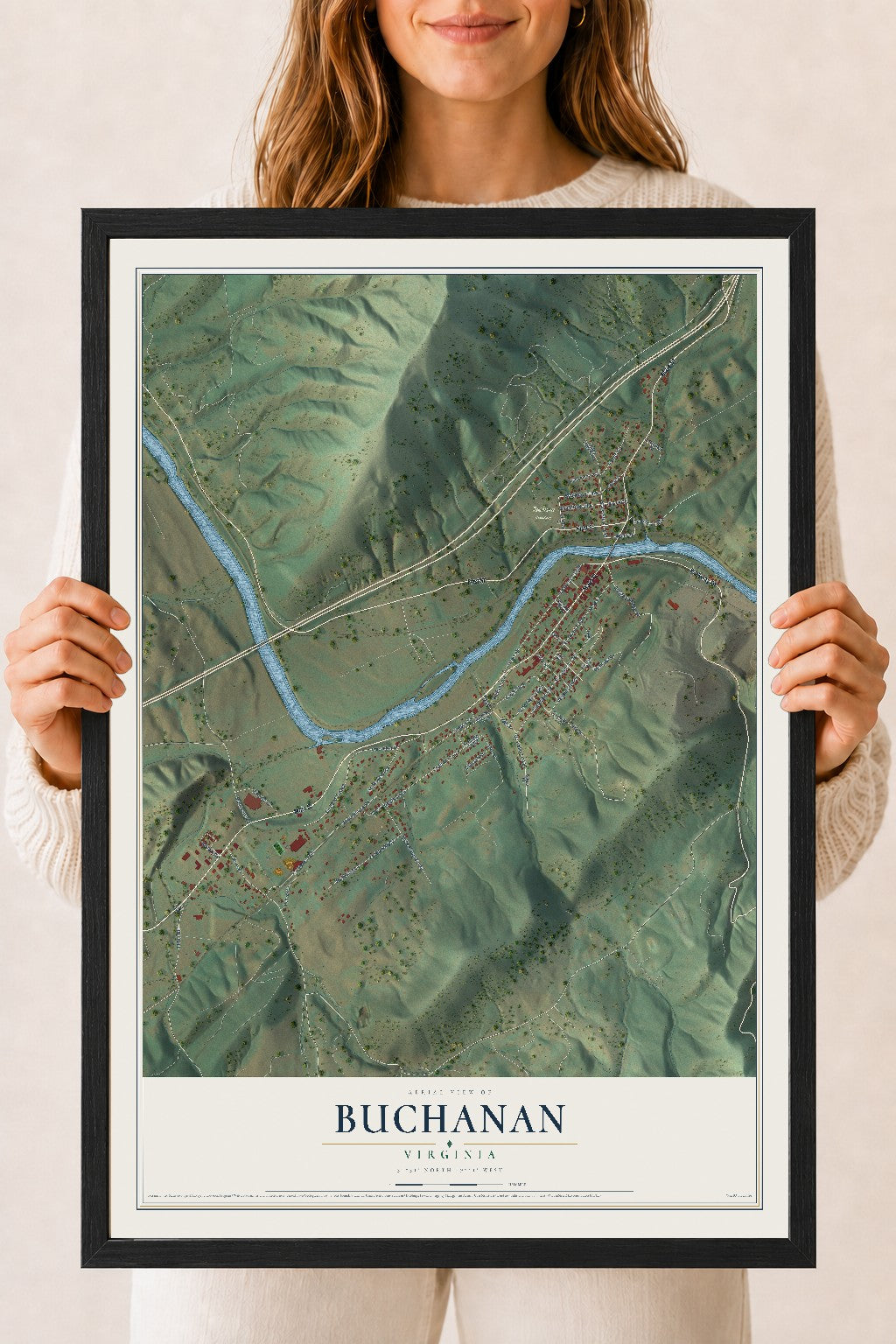Map of Buchanan, Virginia, 18 x 24 inch print in a black wood frame