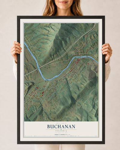 Map of Buchanan, Virginia, 24 x 36 inch print in a black wood frame