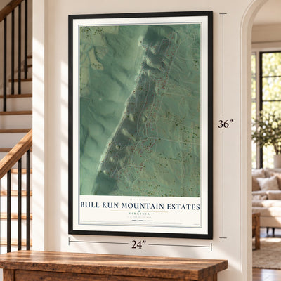 Bull Run Mountain Estates, Virginia map, 24 x 36 inch print in a black frame by a staircase