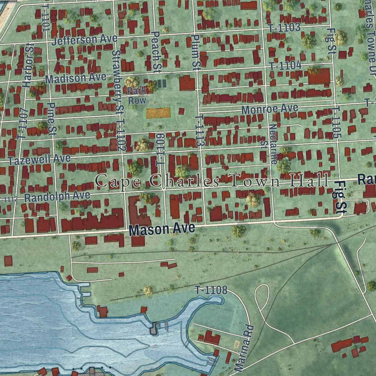 Close-up of the map of Cape Charles, Virginia print showing street and building detail