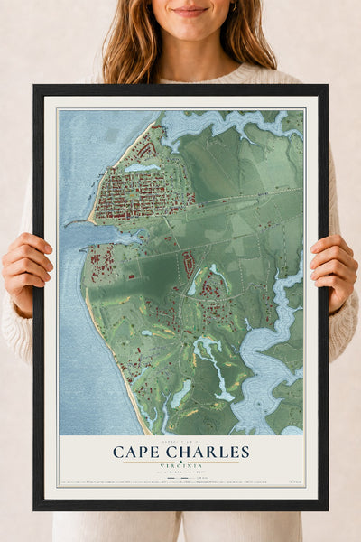 Map of Cape Charles, Virginia, 18 x 24 inch print in a black wood frame
