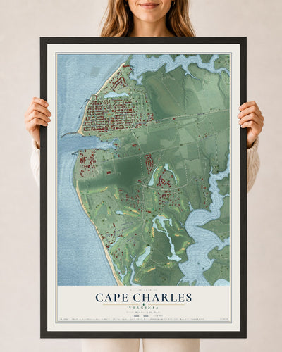 Map of Cape Charles, Virginia, 24 x 36 inch print in a black wood frame
