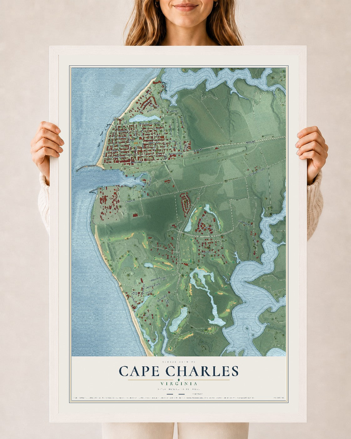 Map of Cape Charles, Virginia, 24 x 36 inch print in a white wood frame