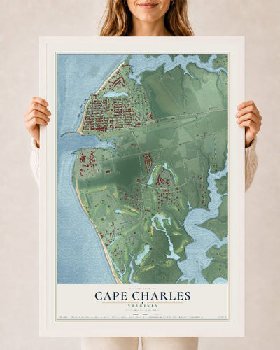 Map of Cape Charles, Virginia, 24 x 36 inch print in a white wood frame