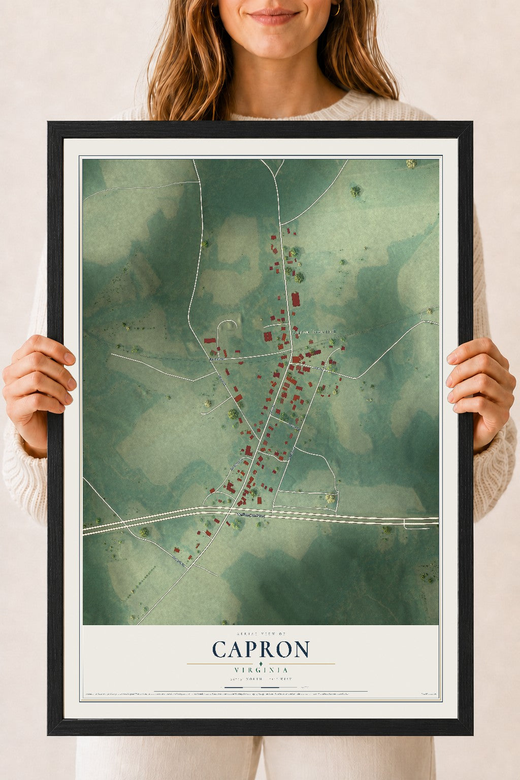 Map of Capron, Virginia, 18 x 24 inch print in a black wood frame