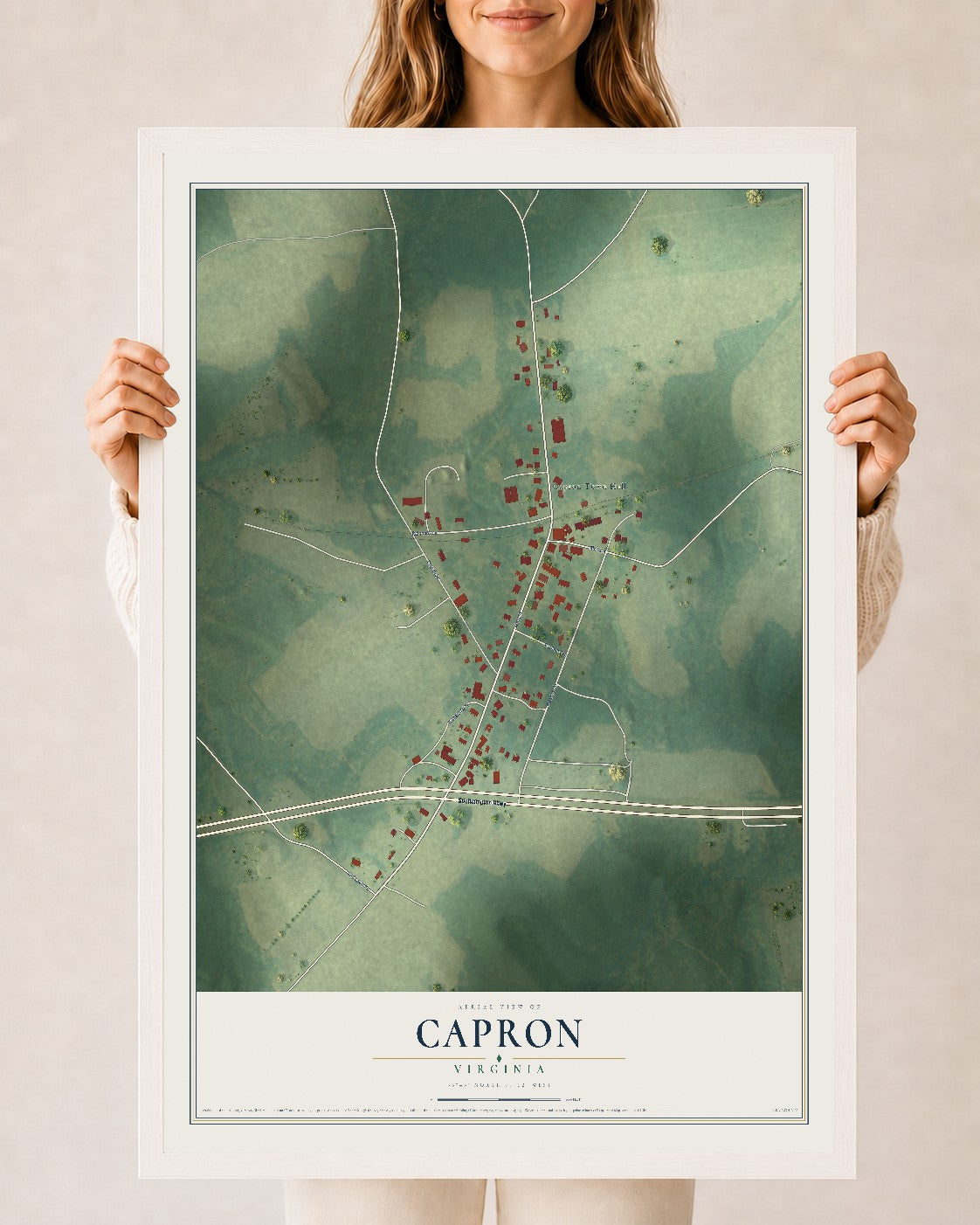 Map of Capron, Virginia, 24 x 36 inch print in a white wood frame