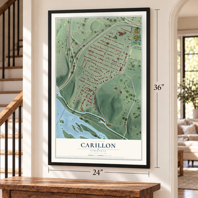 Carillon, Virginia map, 24 x 36 inch print in a black frame by a staircase