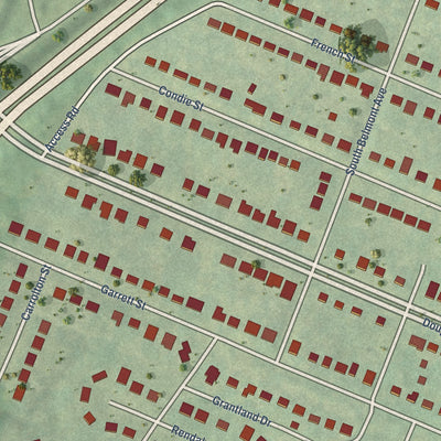 Close-up of the map of Carillon, Virginia print showing street and building detail