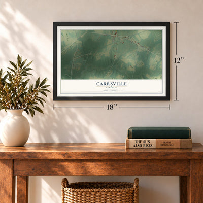 Carrsville, Virginia map, 12 x 18 inch print in a black frame in an entryway