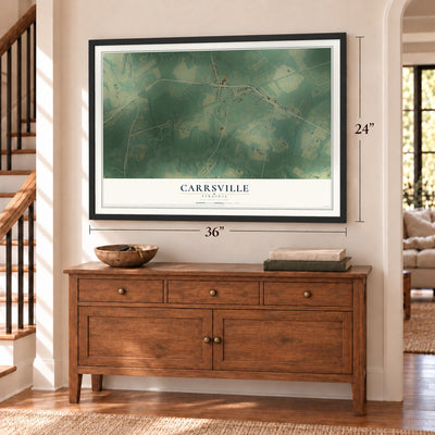 Carrsville, Virginia map, 24 x 36 inch print in a black frame above a dresser by a staircase