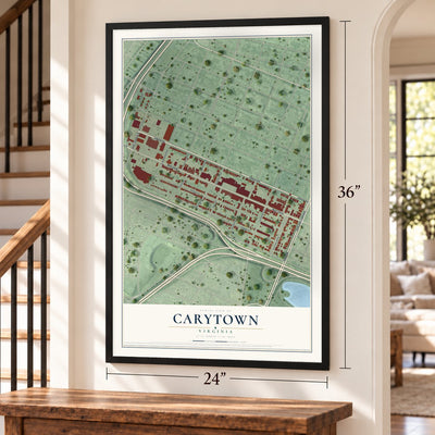 Carytown, Virginia map, 24 x 36 inch print in a black frame by a staircase