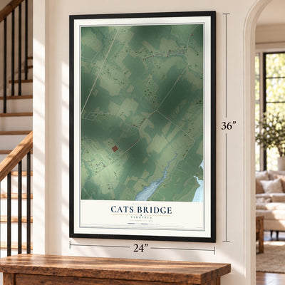Cats Bridge, Virginia map, 24 x 36 inch print in a black frame by a staircase