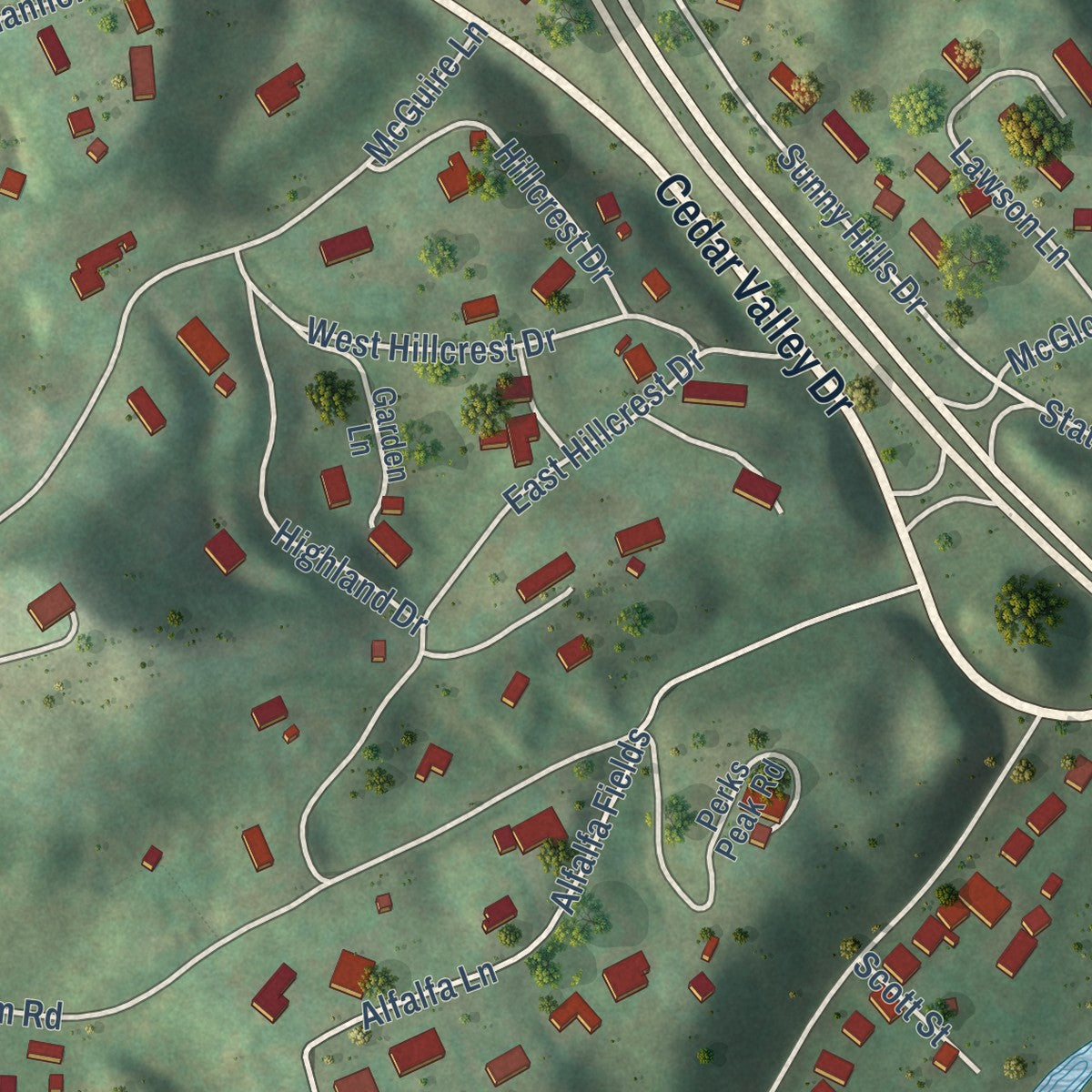 Second close-up of the map of Cedar Bluff, Virginia print showing more streets and buildings