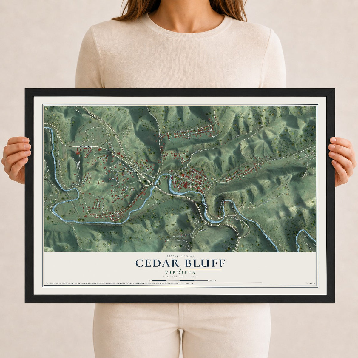 Map of Cedar Bluff, Virginia, 12 x 18 inch print in a black wood frame