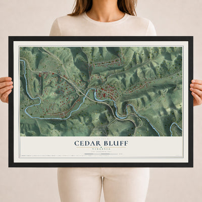 Map of Cedar Bluff, Virginia, 18 x 24 inch print in a black wood frame